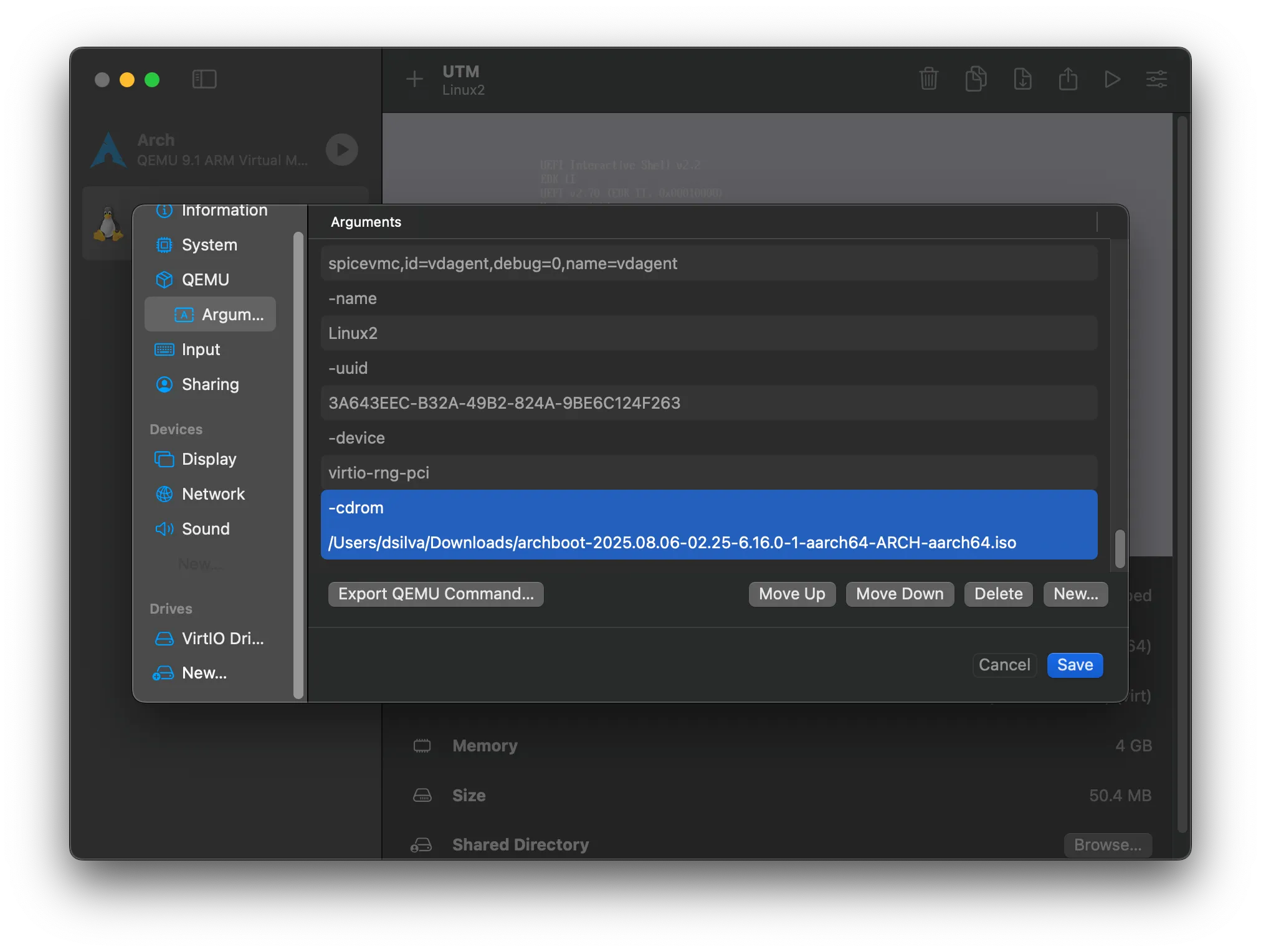 QEMU configuration, setting -cdrom flag