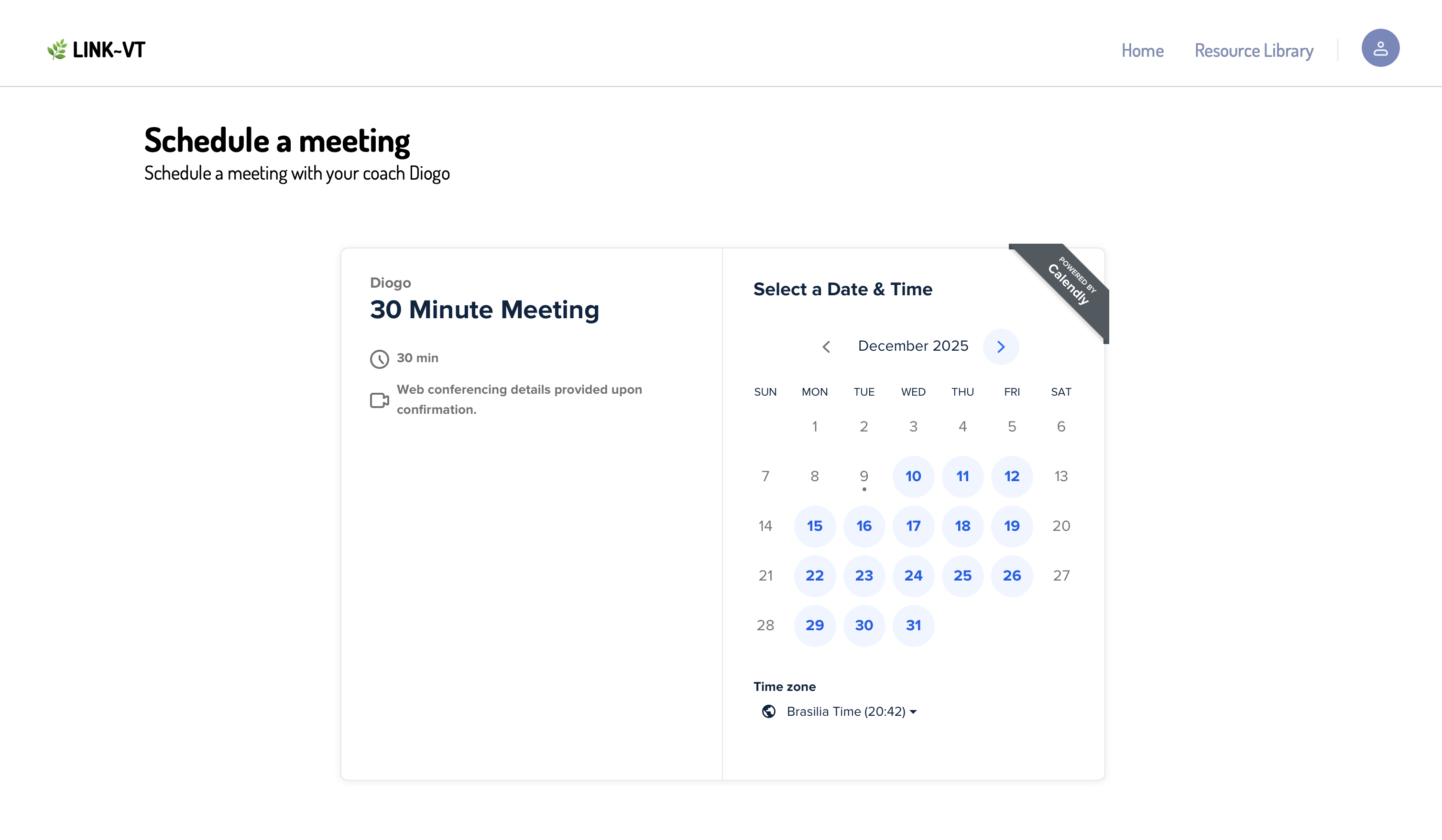 Page embedding a Calendly sign up form